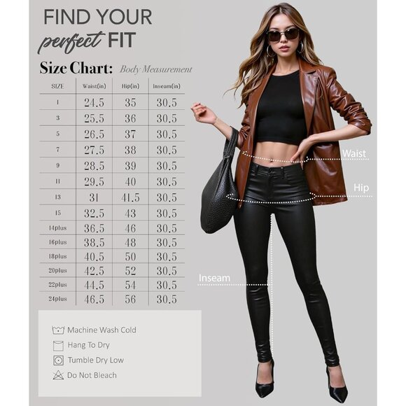 Womens Plus Size 20 Skinny Stretch Coated Pants - Stylish & Edgy Black Fashion - Picture 7 of 8